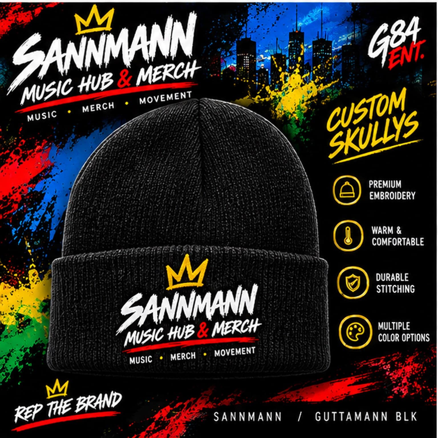 Sannmann black cuffed knit beanie with front and cuff embroidery